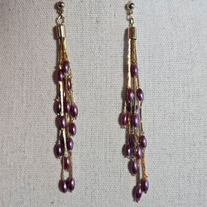 PURPLE FAUX PEARL GOLD TONE DANGLE POST EARRINGS